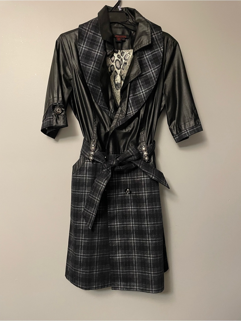Simon Chang Black Plaid Faux-Leather Trim Belted Long Sleeve Dress
